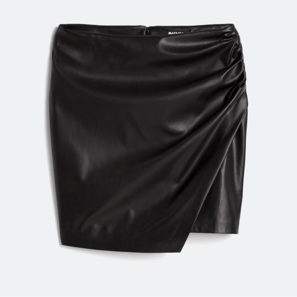 Dkny Black Asymmetrical Ruched Mini Faux Leather Skirt